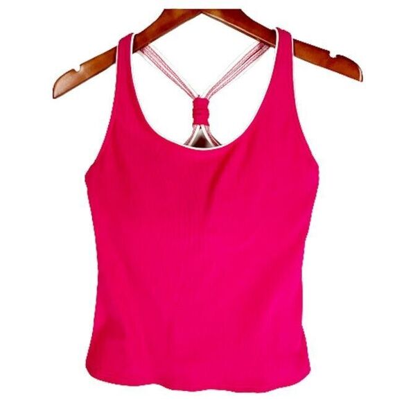 Lands End Tankini Top Swimsuit 8 Hot Pink White Trim Ribbed Racer Back Underwire - Picture 1 of 5